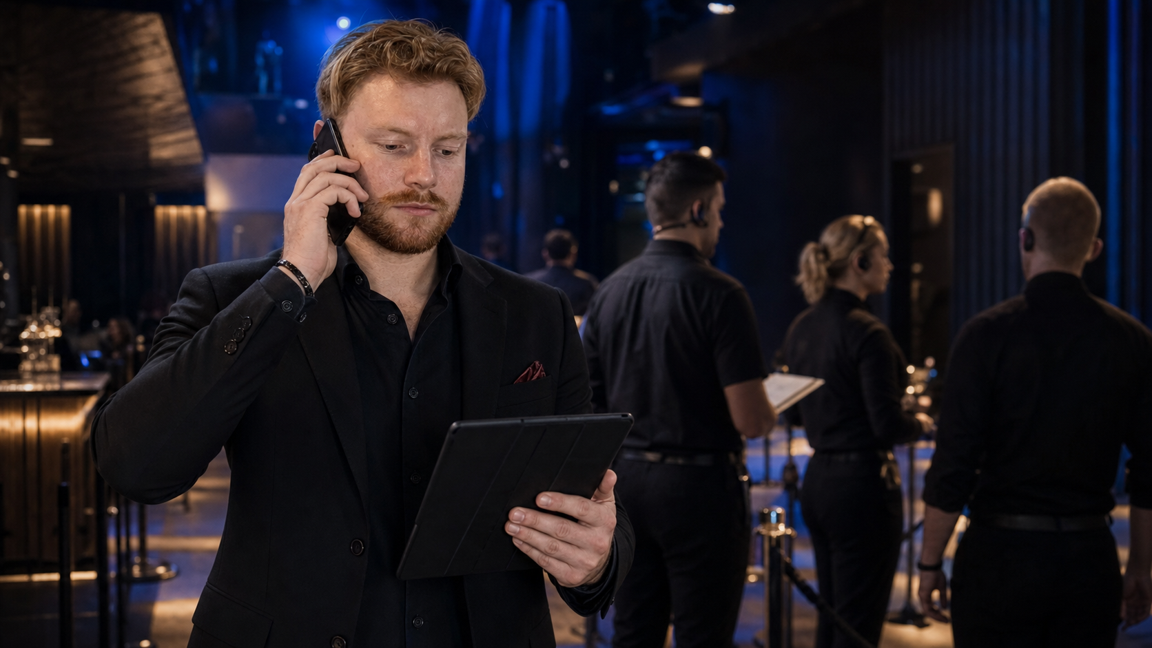 Jocke Melin leder ett nattklubbsevent via telefon och gästlista
