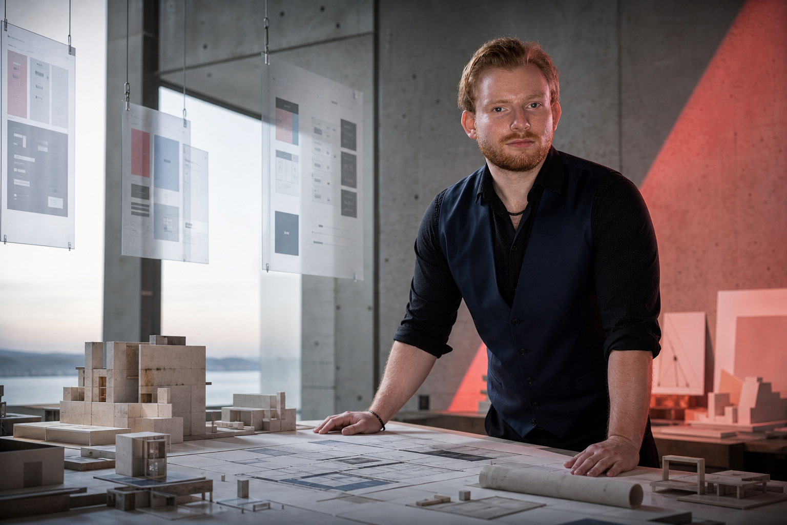 Jocke Melin som produktbyggare vid ett arkitektbord