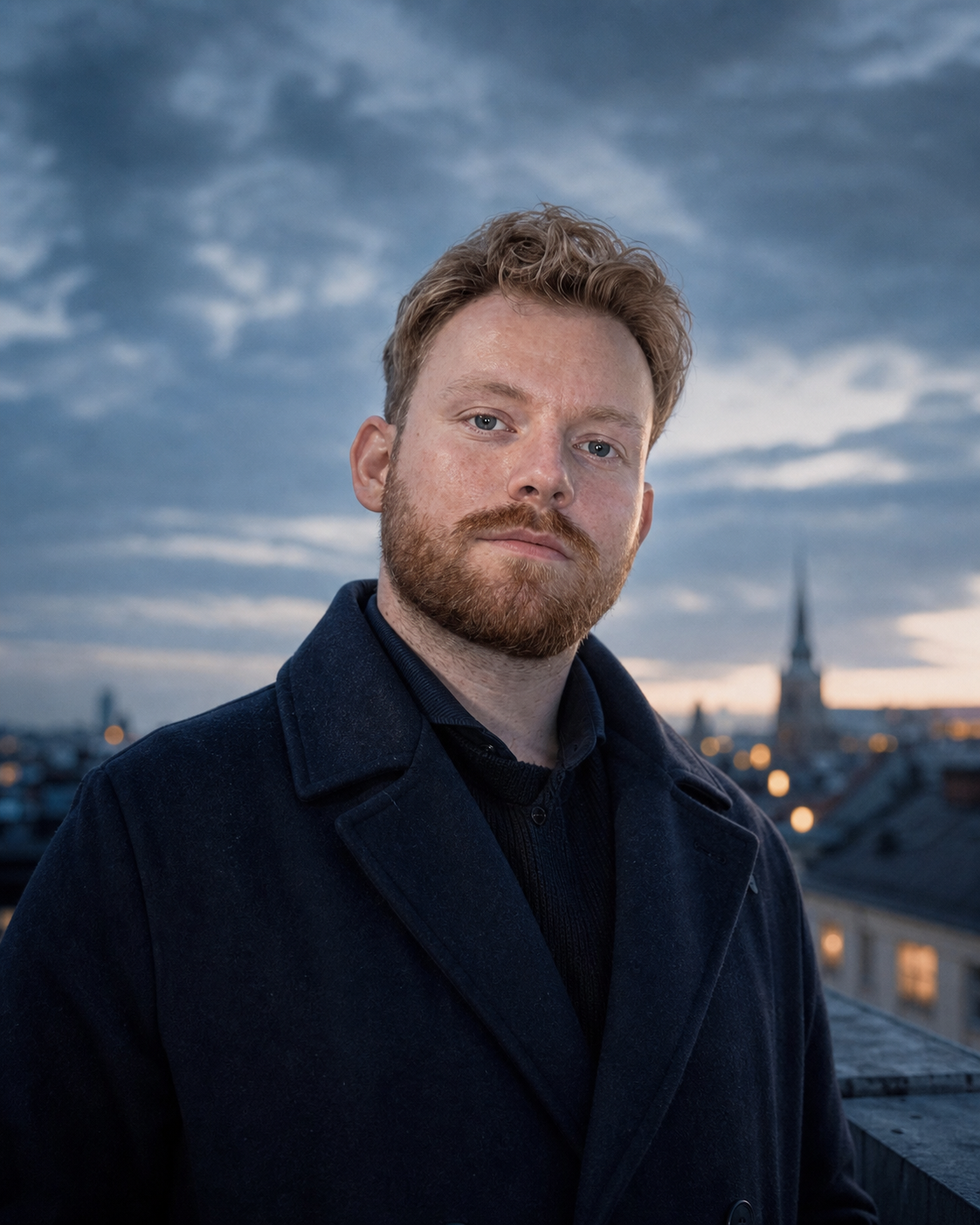 Porträtt av Jocke Melin över Stockholm i blå timmen
